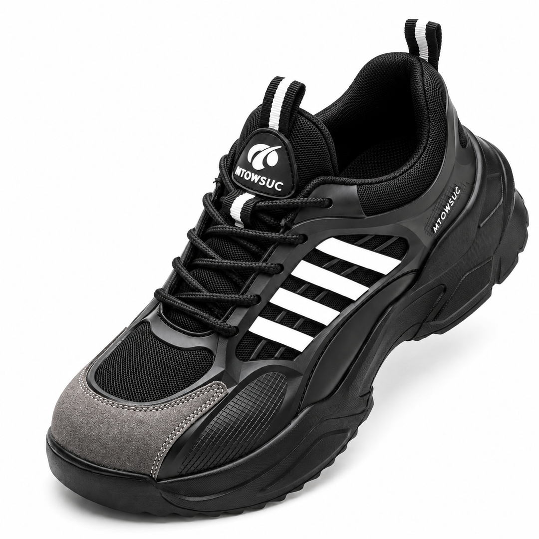 Top three-quarter view of Black / White unisex safety shoes showing tongue and lace details