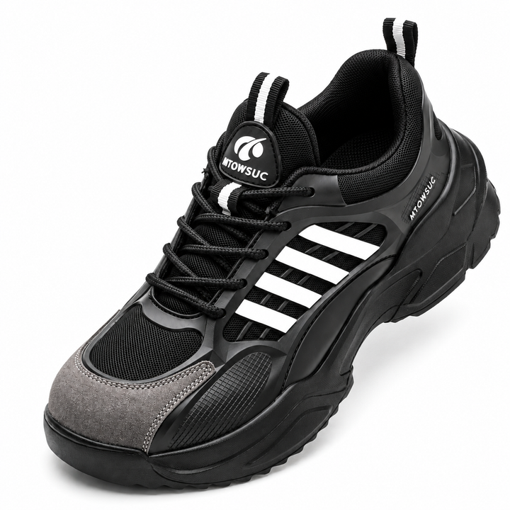 Top three-quarter view of Black / White unisex safety shoes showing tongue and lace details
