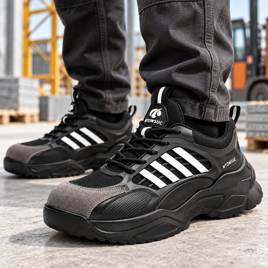Black / White unisex safety shoes worn with work trousers in an industrial setting