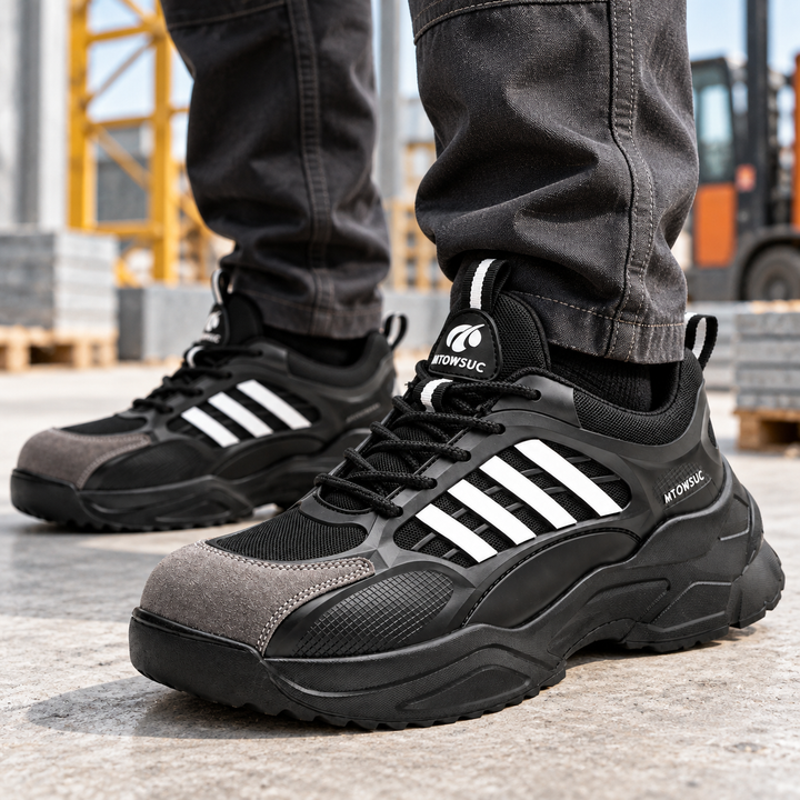 Black / White unisex safety shoes worn with work trousers in an industrial setting