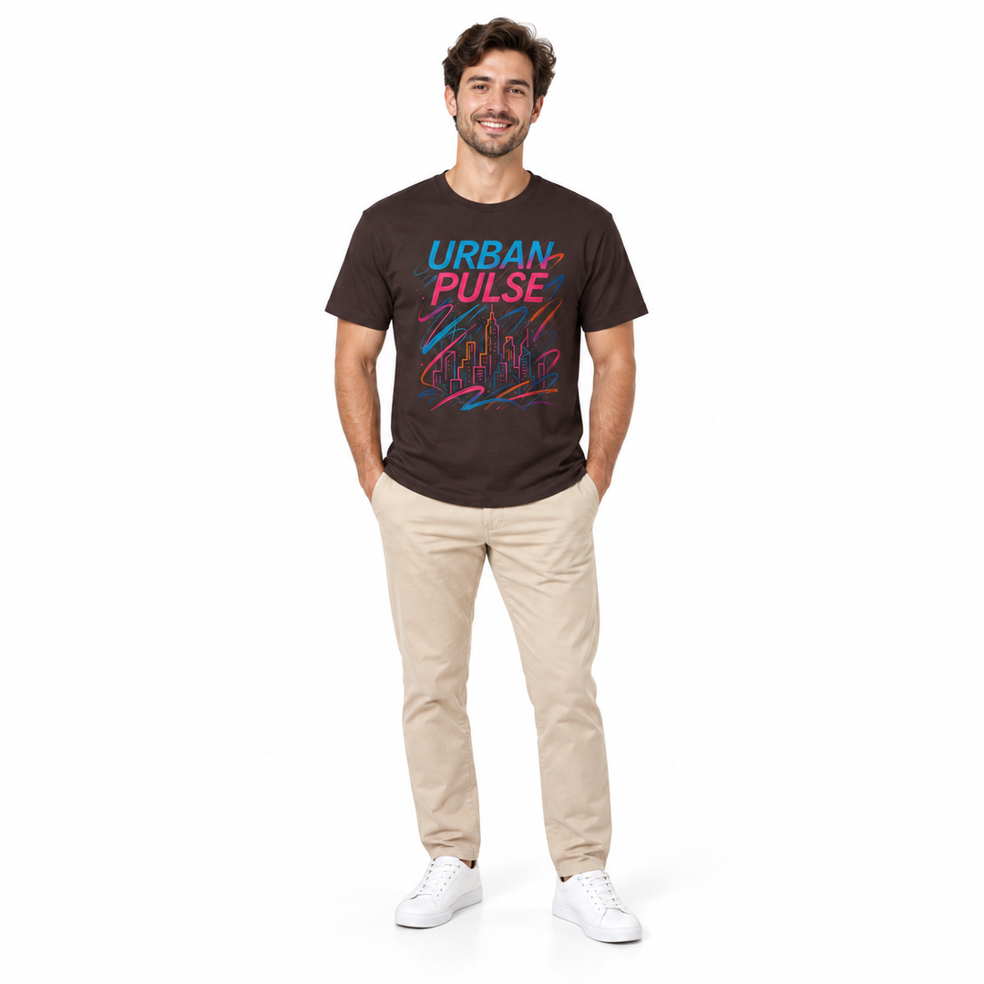 Solid Dark Chocolate Urban Pulse tee on a full-length male model, styled with beige chinos.