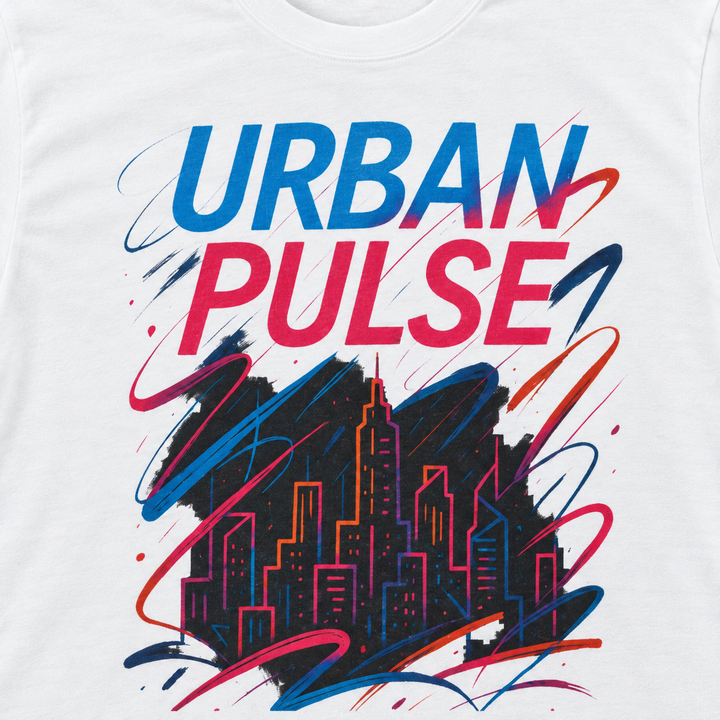 Close-up of Urban Pulse lettering and colorful city artwork on the Solid White t-shirt.