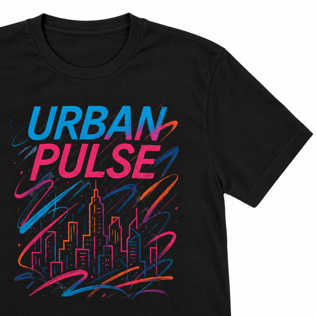 Solid Black Urban Pulse tee detail showing the crew neckline, shoulder seam and short sleeve.