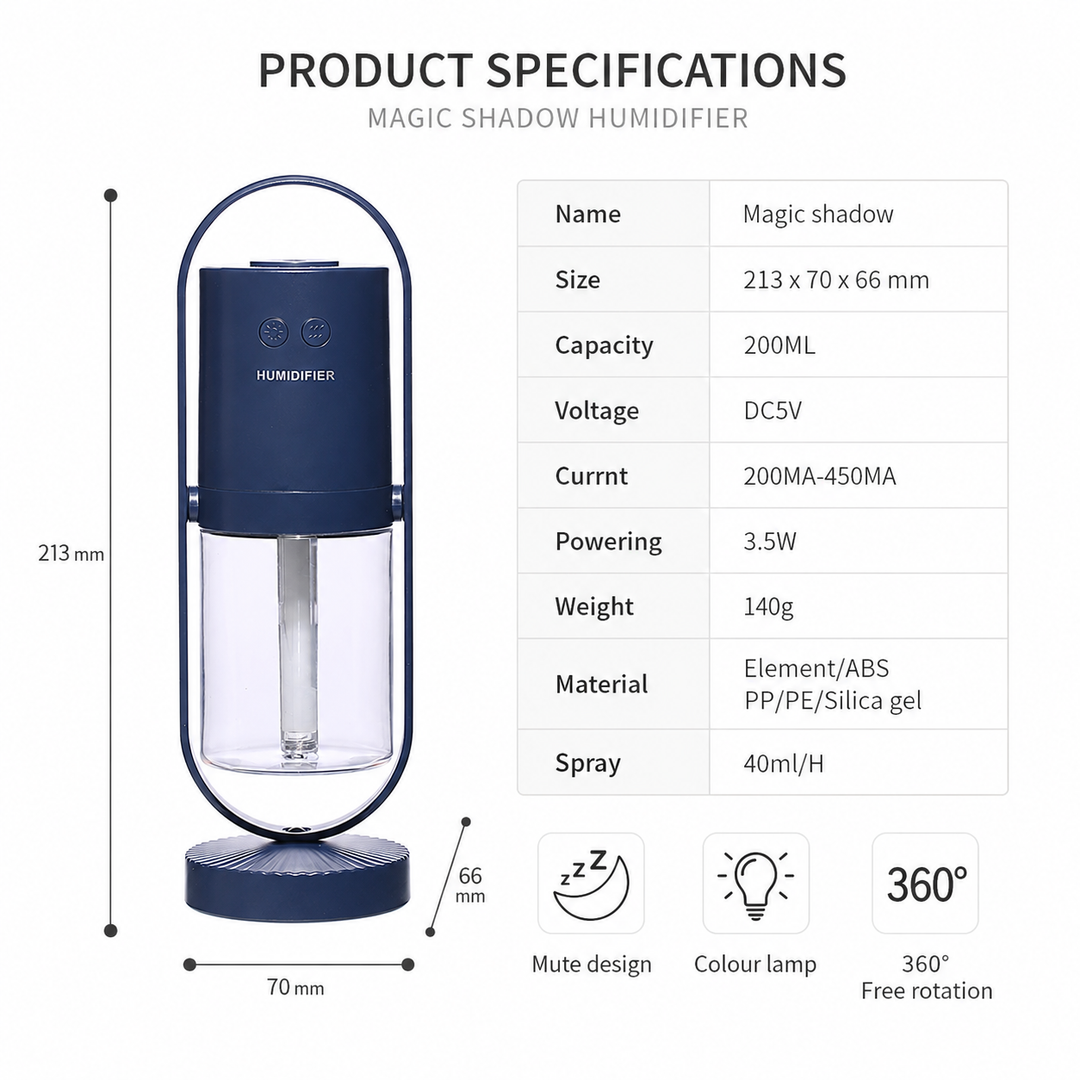 Product specification card with 200ML capacity, DC5V, 3.5W, 213 x 70 x 66 mm dimensions, 140g weight and 40ml/H spray output.