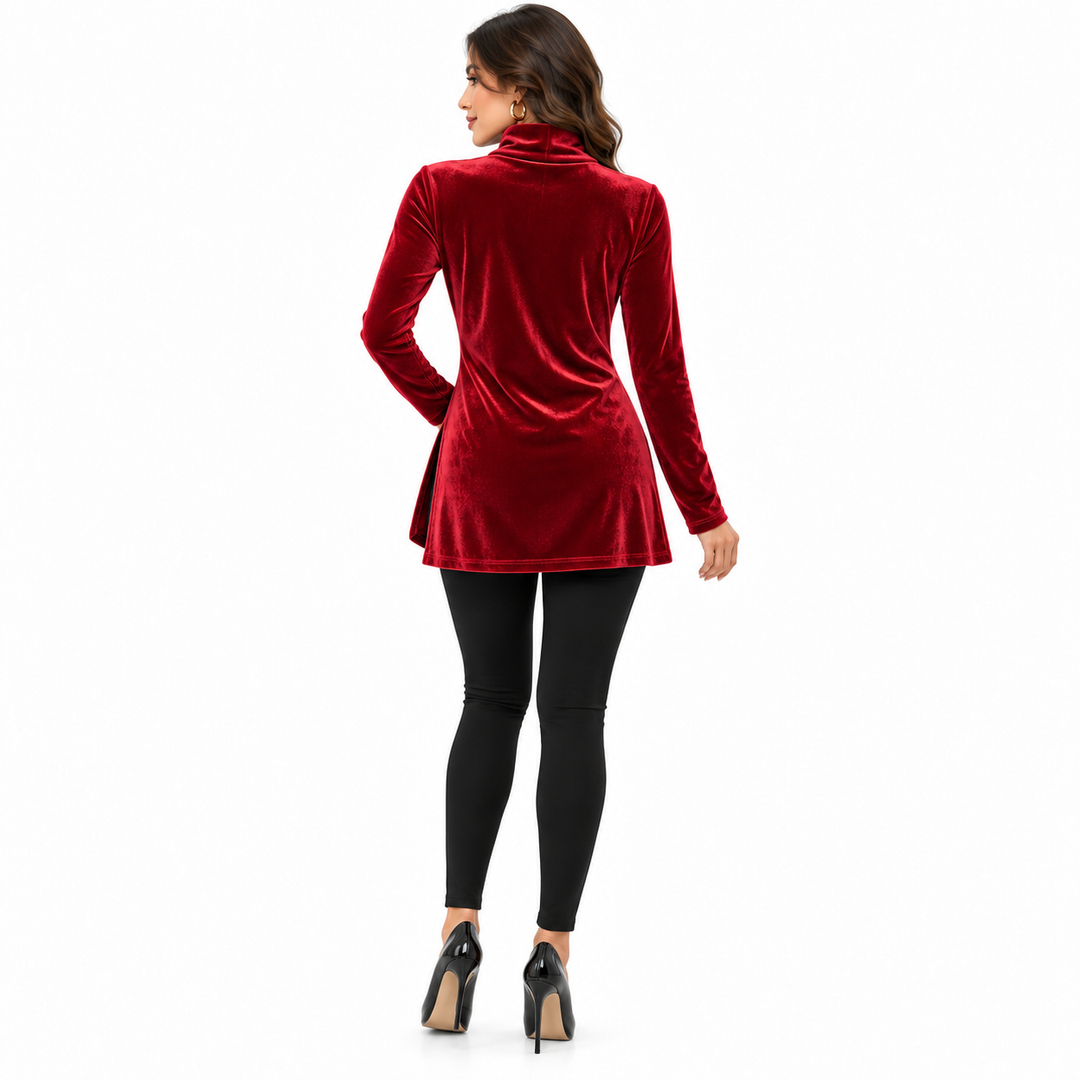 Velvet turtleneck top in red, full-body back view