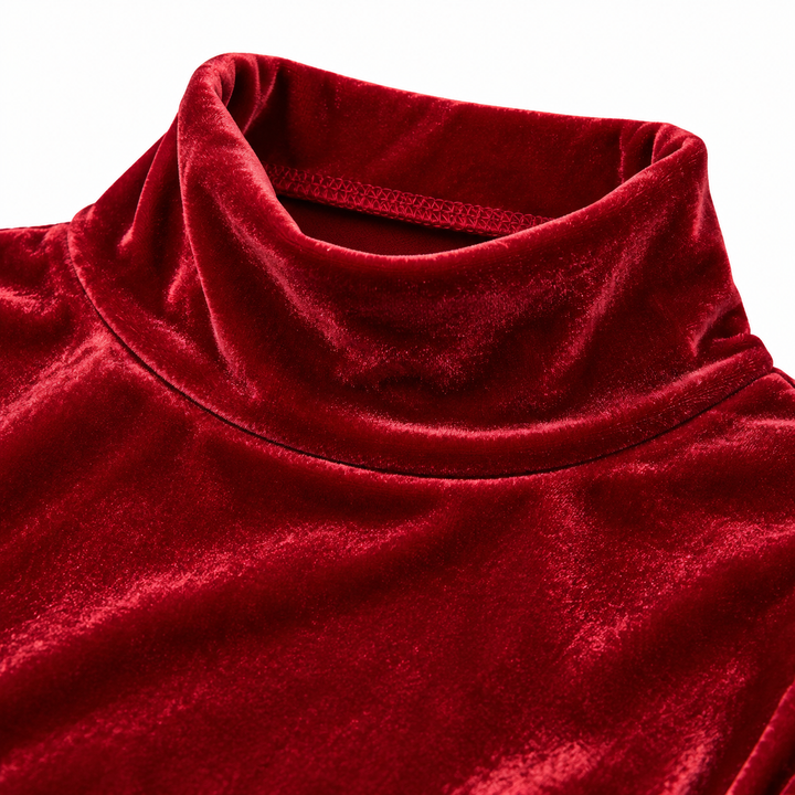Close-up of the red velvet high neckline, fabric texture and stitching