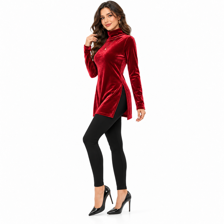 Red velvet tunic side view showing the long sleeve and side slit