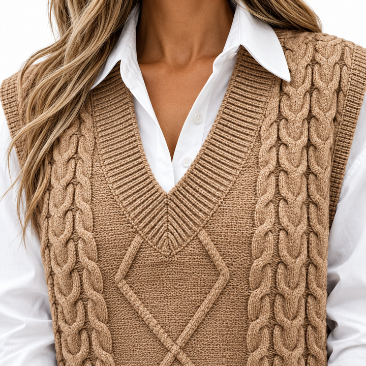 Khaki neckline detail showing the ribbed V-neck border and cable knit pattern over a white collared shirt in a close-up view.