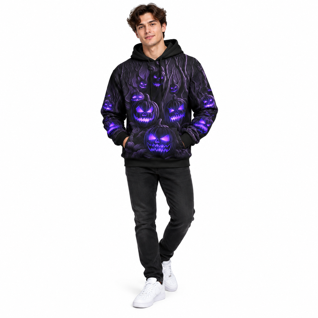 Violet pumpkin forest hoodie on full-body model in a clean studio pose