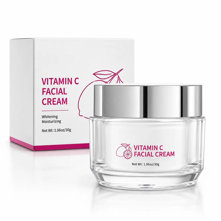 Close-up professional packshot of Vitamin C Facial Cream 30g jar, clear base, silver lid and matching white carton.