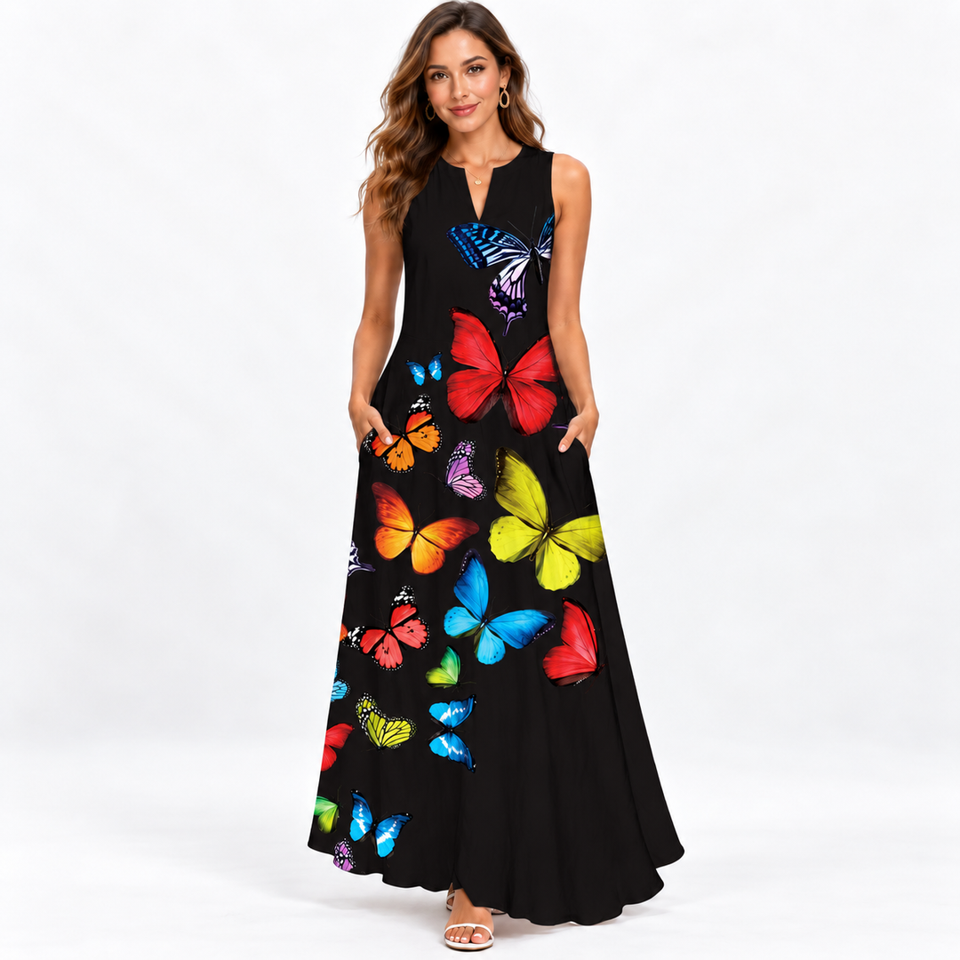 VLCQ-131 butterfly print maxi dress studio image