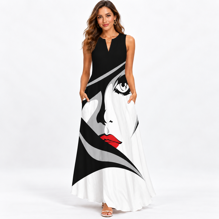 VLCQ-132 black and white face print maxi dress