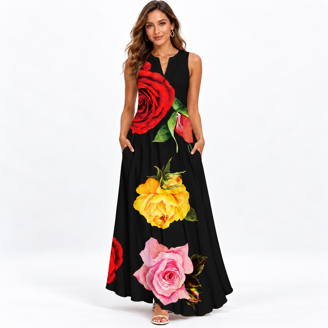 VLCQ-133 black floral rose print maxi dress