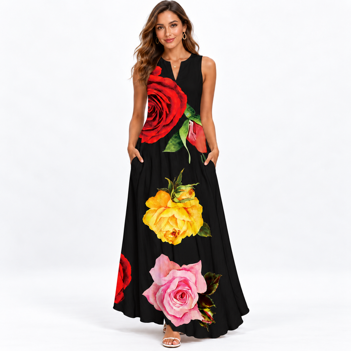 VLCQ-133 black floral rose print maxi dress