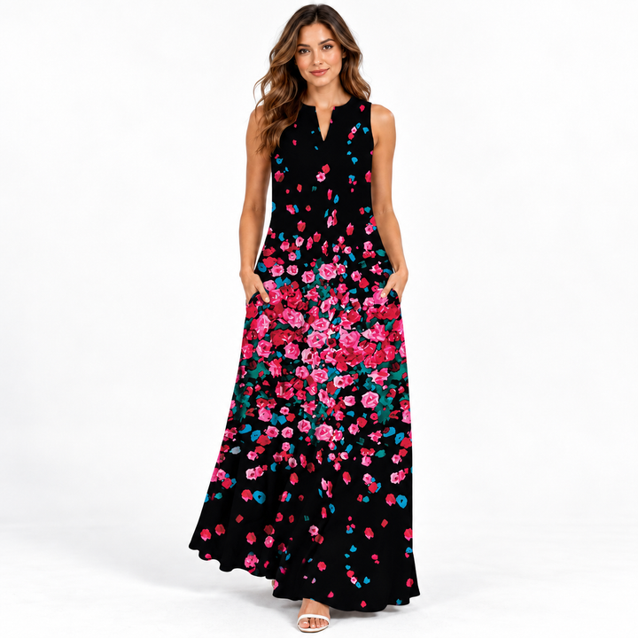 VLCQ-135 pink floral scatter print maxi dress