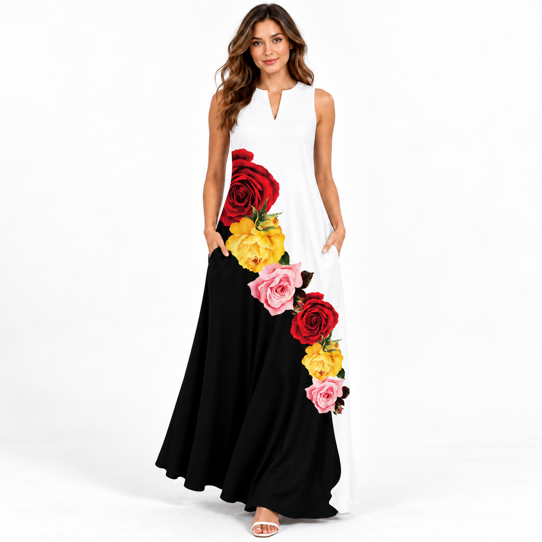 VLCQ-136 black white floral panel maxi dress