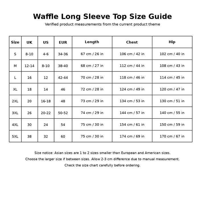 Waffle long-sleeve top size guide, showing S to 5XL measurements with UK, US and EUR references for easier buyer size review.