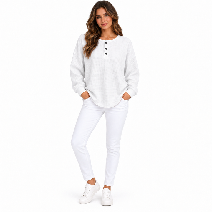 Waffle long sleeve shirt with buttons for women in white, full model view showing long sleeves, loose fit and waffle texture.