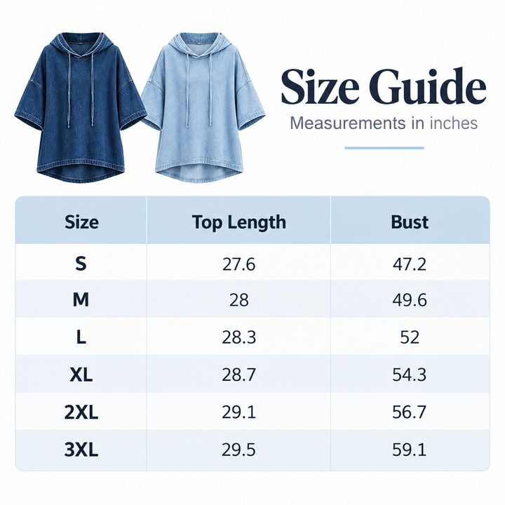 Washed denim hoodie size guide with top length and bust measurements in inches