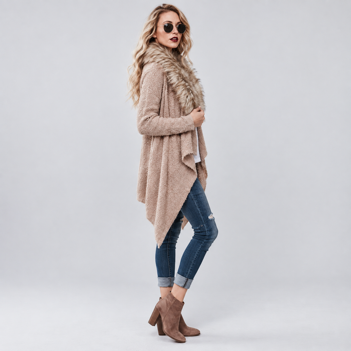 Side view of Khaki open-front cardigan on a female model showing a textured body, draped front and long asymmetric silhouette