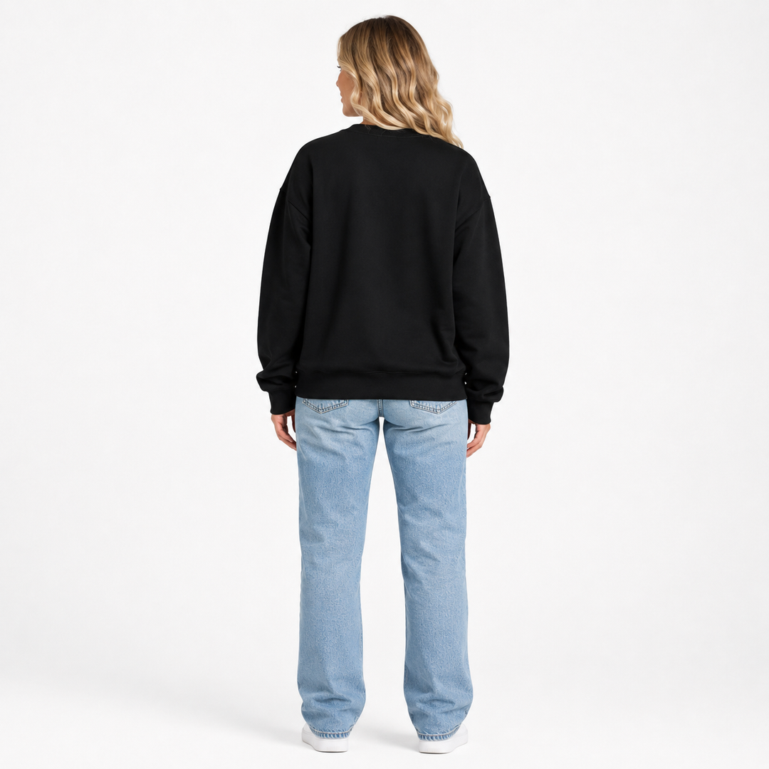 Black watermelon sweatshirt for women shown from the back on a model to display the loose silhouette and plain rear design.