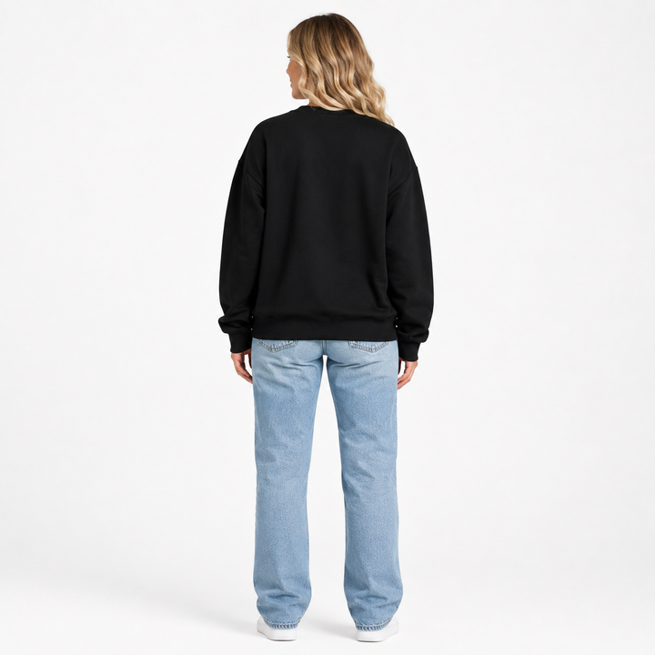 Black watermelon sweatshirt for women shown from the back on a model to display the loose silhouette and plain rear design.