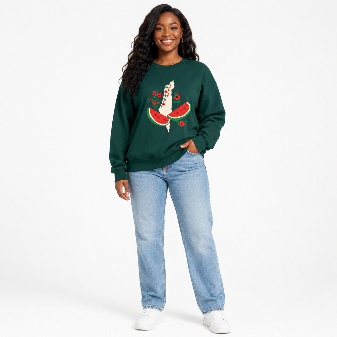 Dark green watermelon sweatshirt for women shown front view on a model with loose fit and floral watermelon graphic.