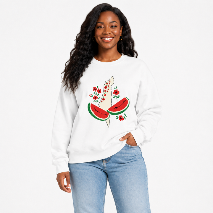 White watermelon sweatshirt for women shown on a model in a clean studio view with loose fit and floral watermelon front design.