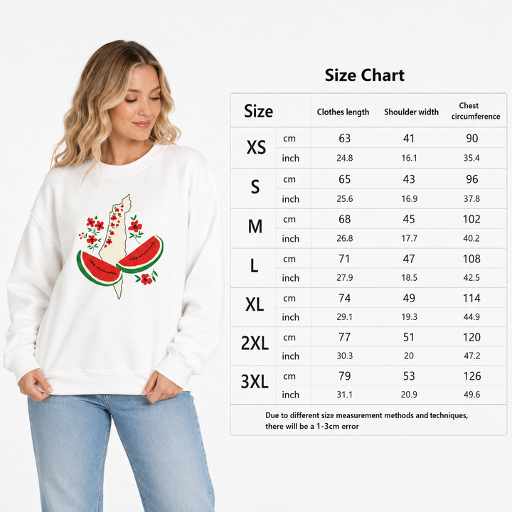 White watermelon sweatshirt for women shown with the product size chart covering XS through 3XL and garment measurements.