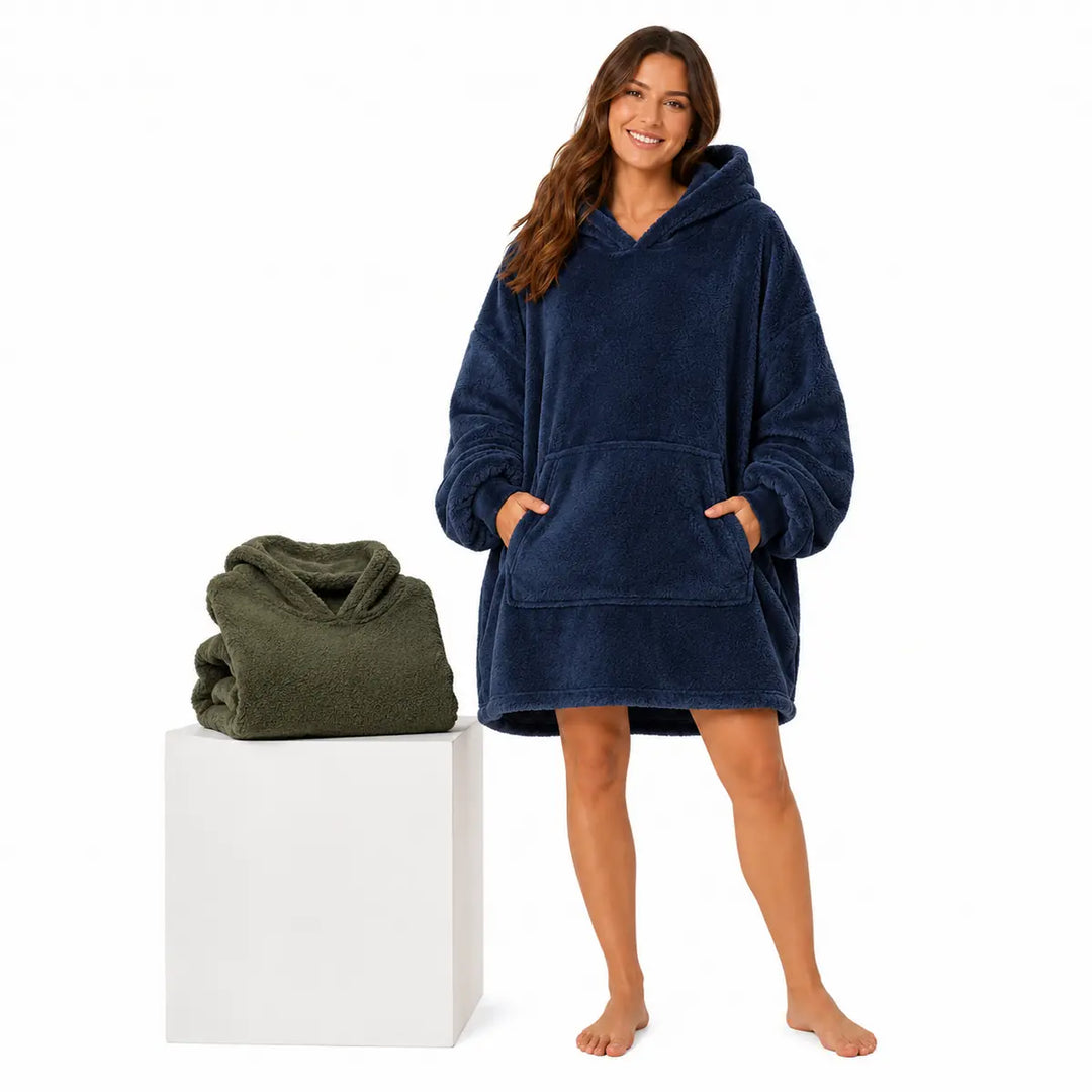 Army Green and Blue wearable blanket hoodie option shown with a woman and both plush hooded colors on a white background.