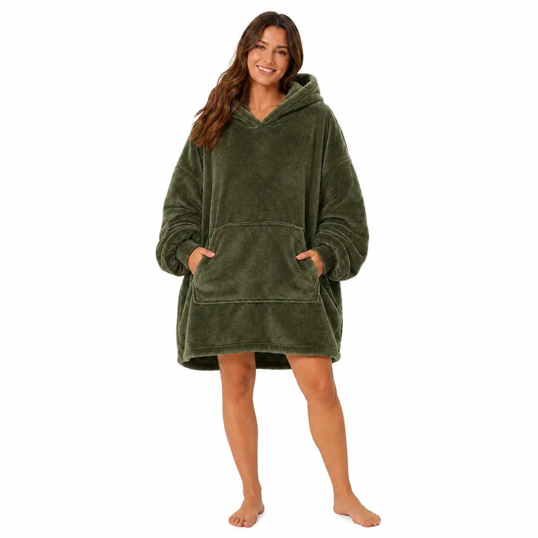 Army Green wearable blanket hoodie with hood and large front pocket modeled by a woman on a clean white studio background.