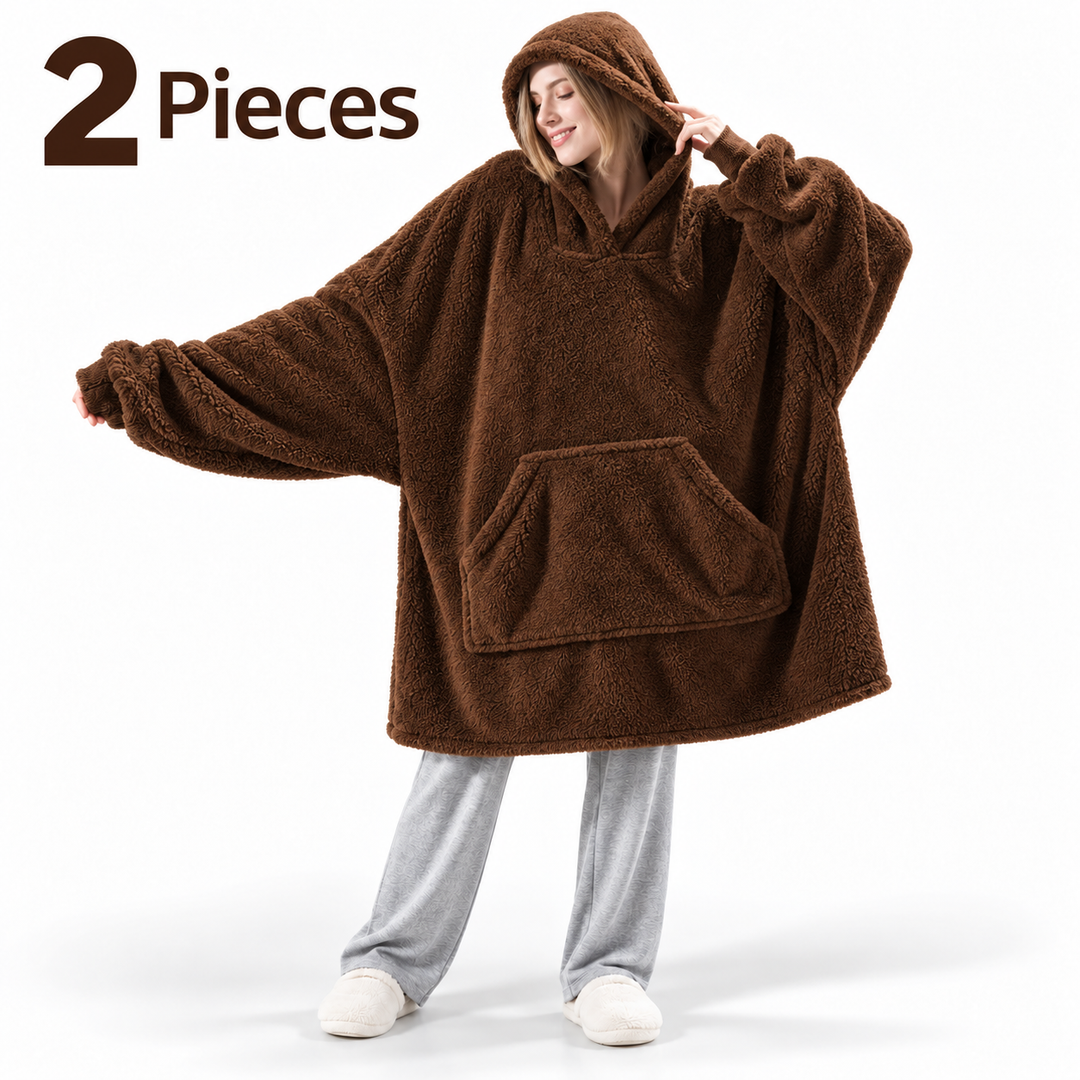 brown 2-piece wearable blanket hoodie set on model, oversized hood and front pocket