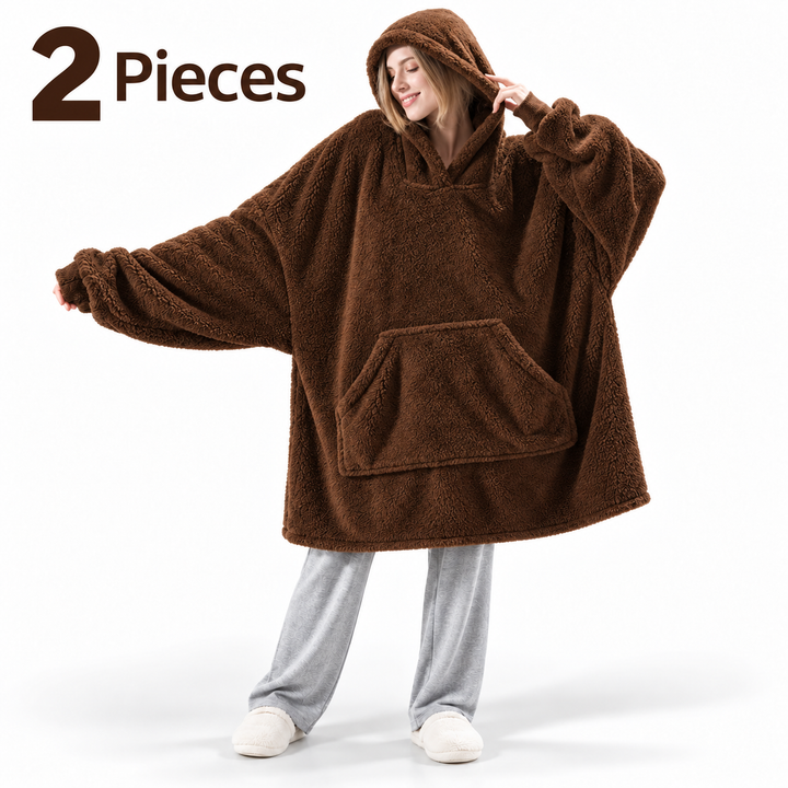 brown 2-piece wearable blanket hoodie set on model, oversized hood and front pocket