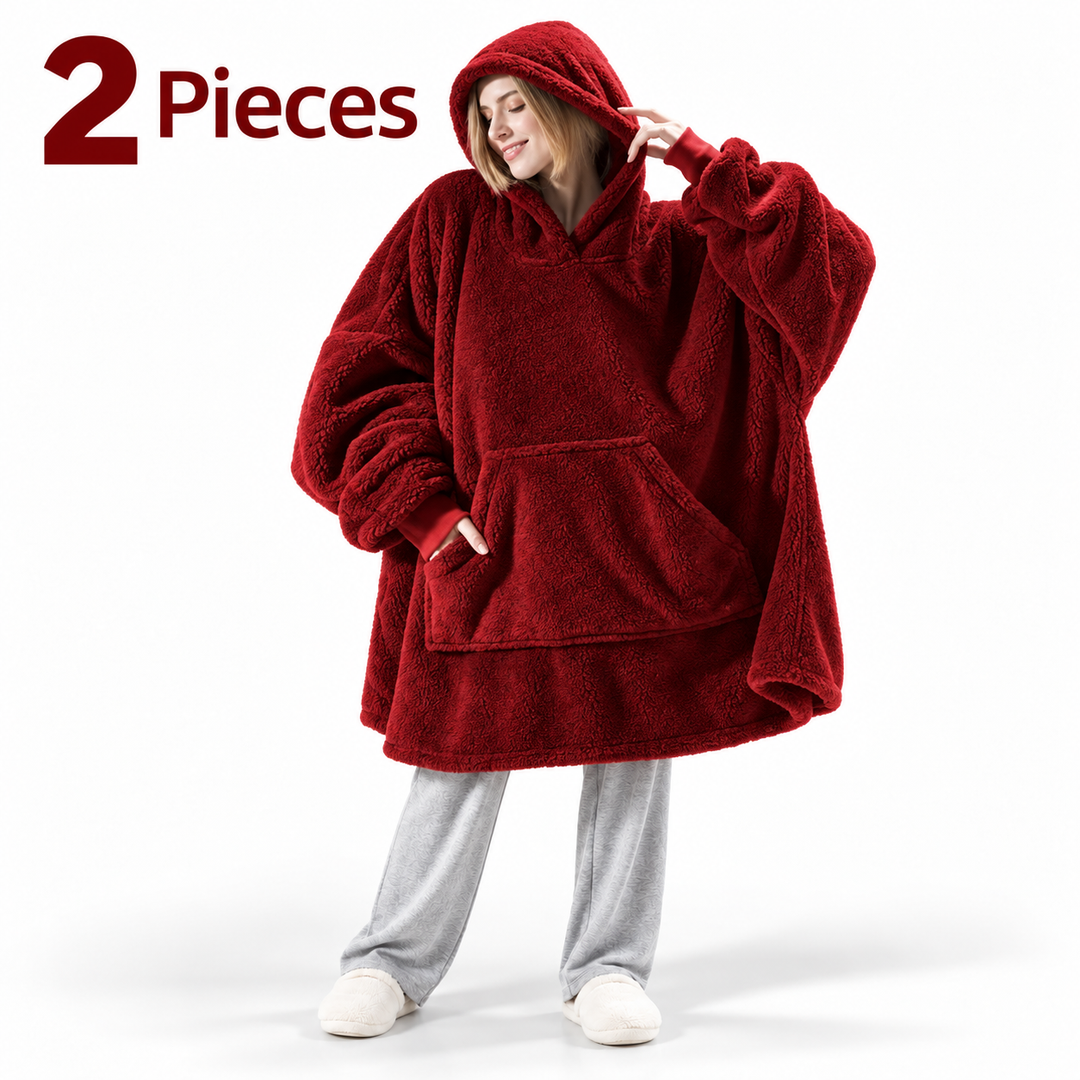 burgundy 2-piece wearable blanket hoodie set on model, oversized hood and front pocket