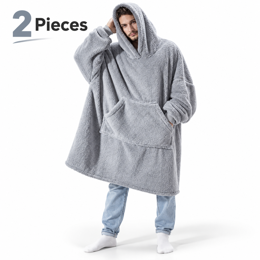 gray 2-piece wearable blanket hoodie set on model, oversized hood and front pocket