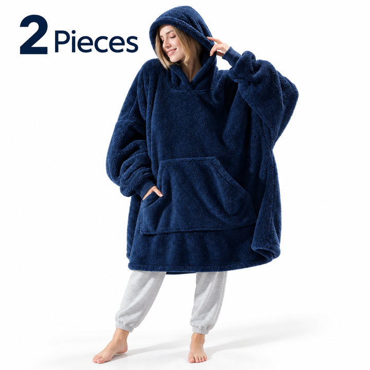 navy 2-piece wearable blanket hoodie set on model, oversized hood and front pocket