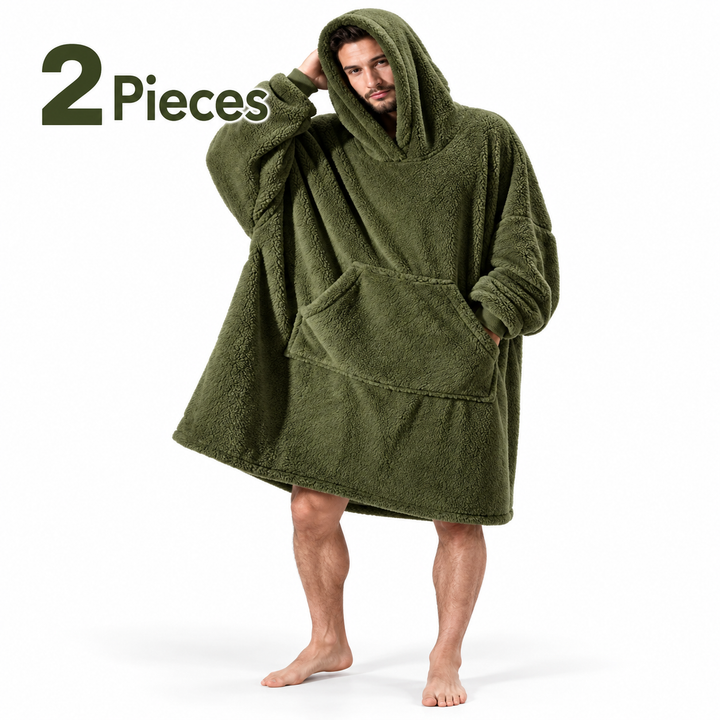 olive 2-piece wearable blanket hoodie set on model, oversized hood and front pocket
