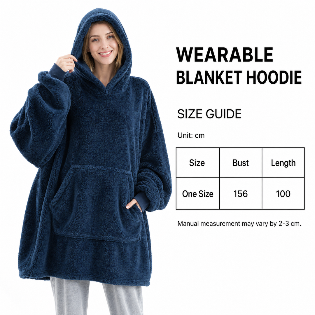 Woman wearing a navy wearable blanket hoodie beside a size chart showing 156 cm bust and 100 cm length.
