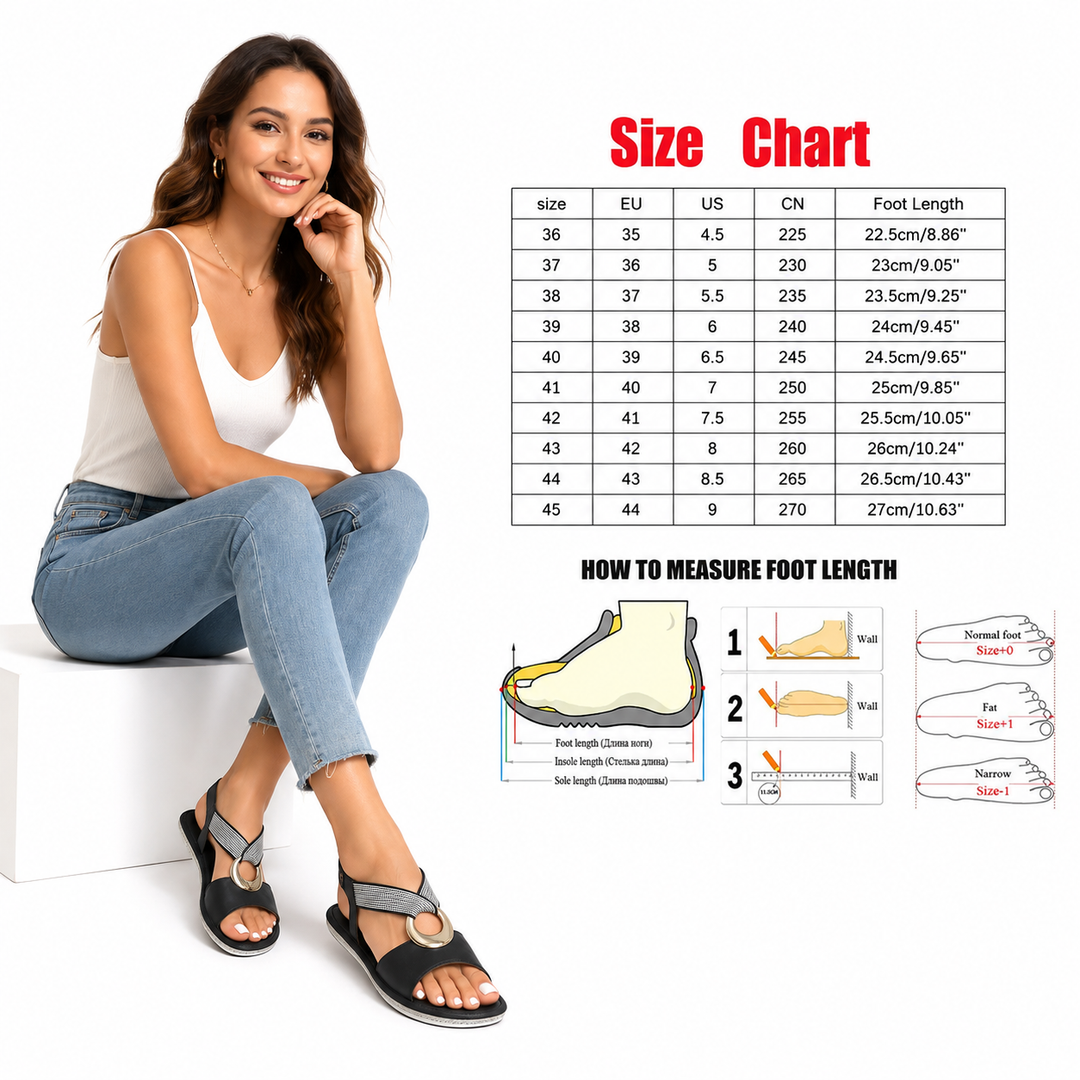 Woman wearing wedge sandals for women beside a size chart on a clean white studio background for product sizing guidance.
