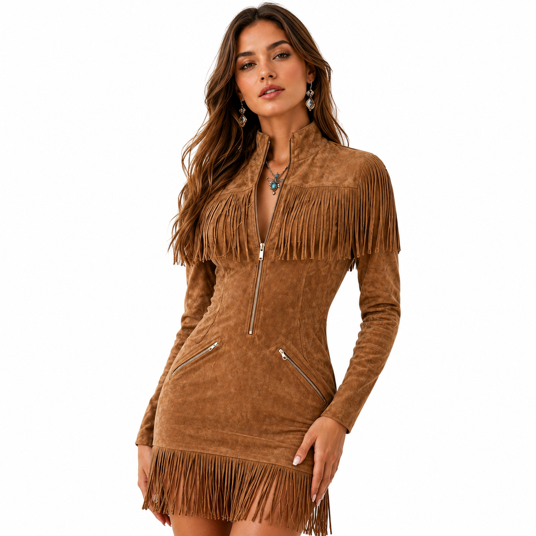 Western dress in black with long sleeves, zipper detail, tassel accents, patchwork design and midi A-line shape, shown front.