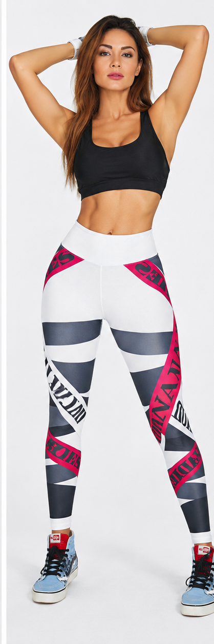 White alphabet print yoga leggings front view pose 2