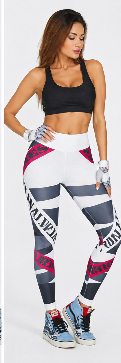 White alphabet print yoga leggings front view pose 3