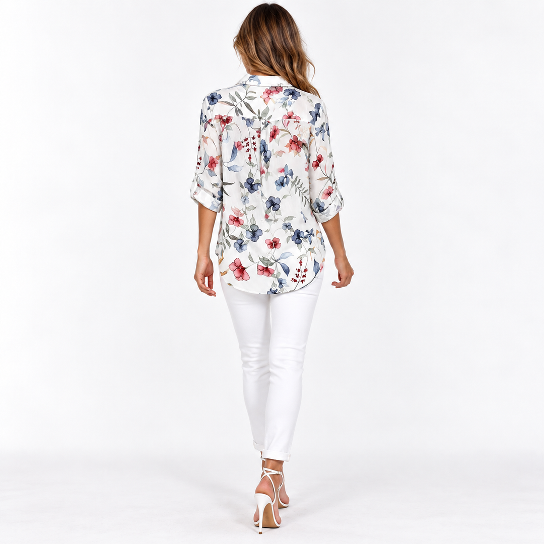 White botanical print long-sleeve shirt back view on model