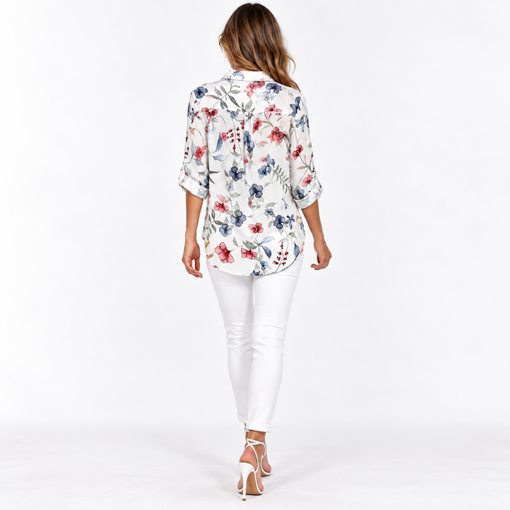 White botanical print long-sleeve shirt back view on model
