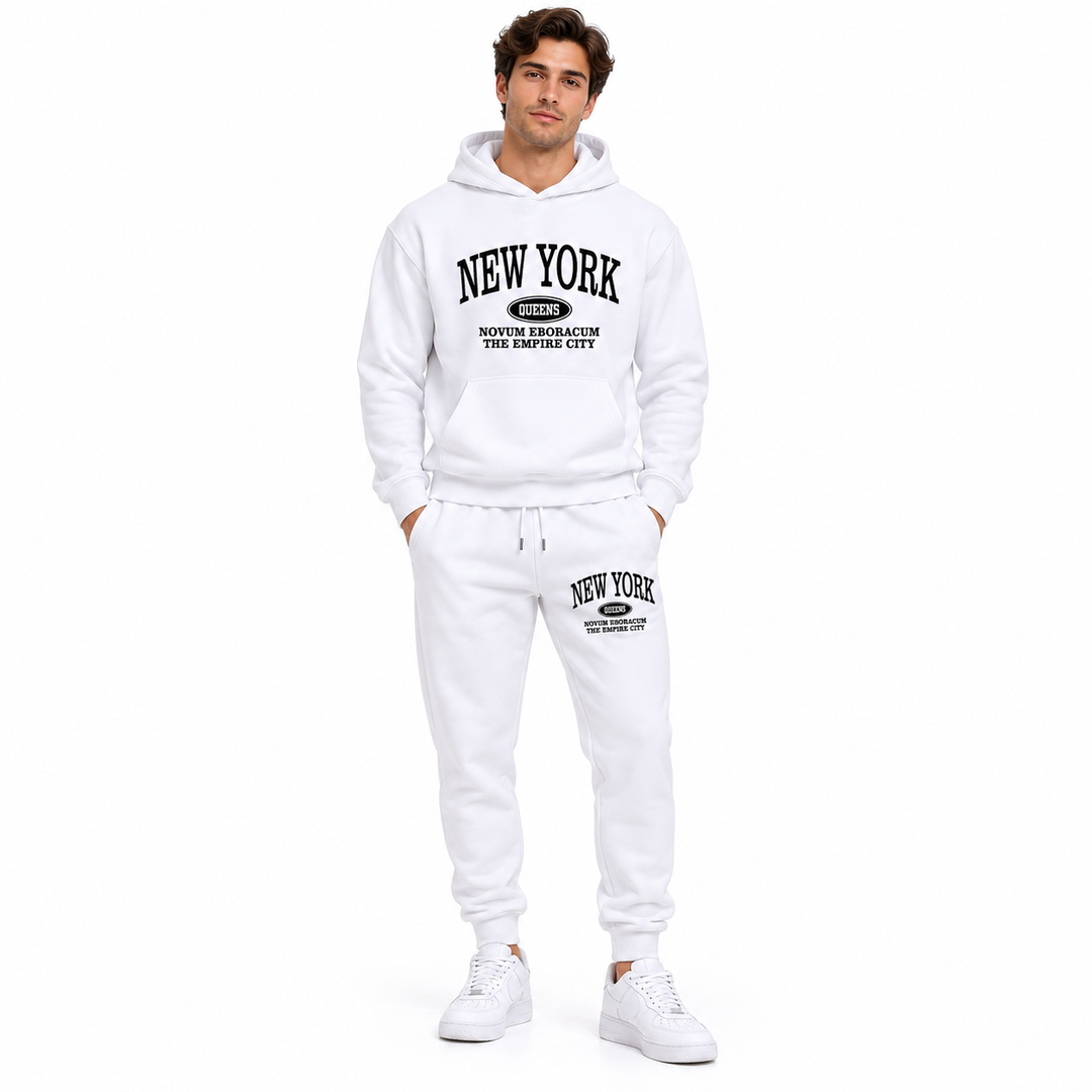 White graphic hoodie and sweatpants set on a male model, full front view