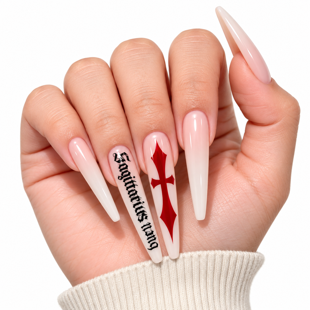 White press on nails with cross-inspired gothic manicure styling