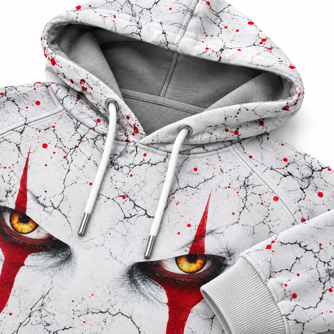 White red-eye graphic hoodie hood drawstrings and print detail