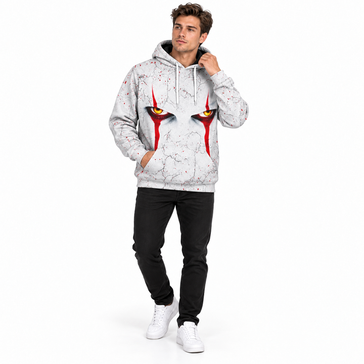 White red-eye graphic hoodie on second full-body model