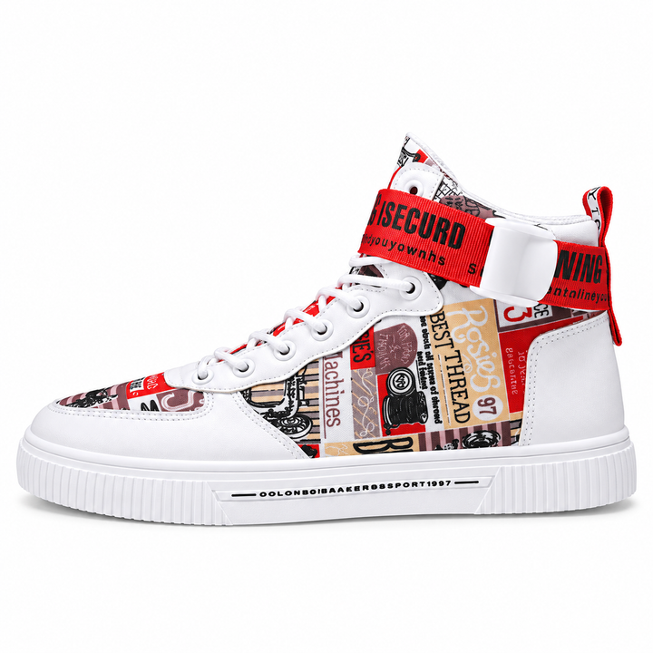 White Red high top sneaker side view with graphic panels and ankle strap