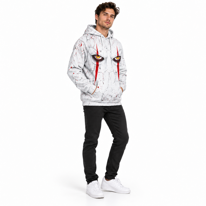 White stitched face graphic hoodie on full-body model